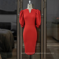 Elastic Plus Size Lantern Sleeve Red Casual Dress African Women